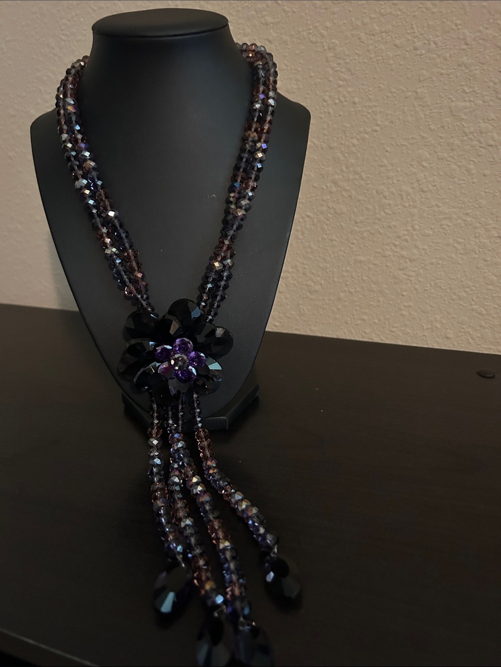 Handcrafted Black & Purple Beaded Flower Lariat Necklace